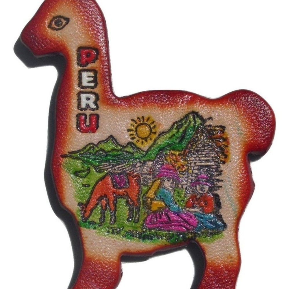 Cuzco Peru leather llama magnet  handpainted
